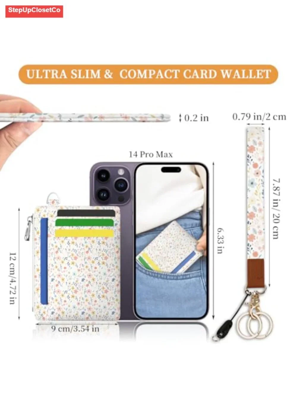 Floral Slim RFID Blocking Card Holder Wallet with Wristlet Key Chain